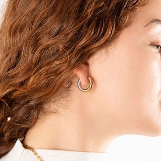 Mixed Metal Round Huggie Earrings- model 