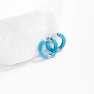 Silver - Blue Epoxy Huggie Hoop Earrings