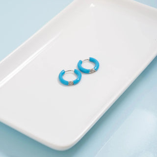 Silver - Blue Epoxy Huggie Hoop Earrings