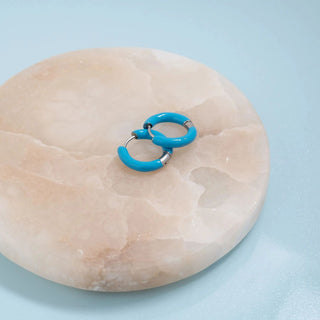 Silver - Blue Epoxy Huggie Hoop Earrings