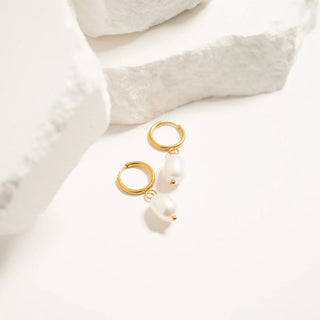 Gold Huggie Hoop with Freshwater Pearl Earring