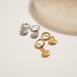 Gold & Silver Dangle Shell Huggie Hoop Earring