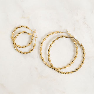 Gold hoop earrings on a light beige background
