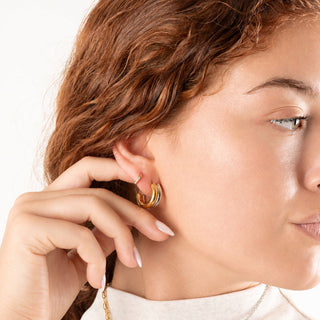 Mixed Metal Statement Huggie Earrings- model 