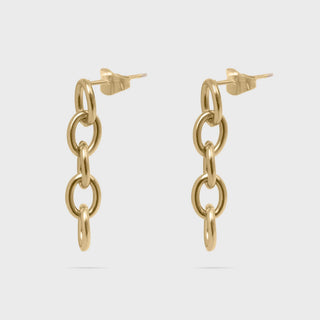 Gold chain link earrings on a white background