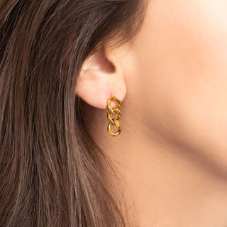 Gold chain earring worn by a person with blurred background