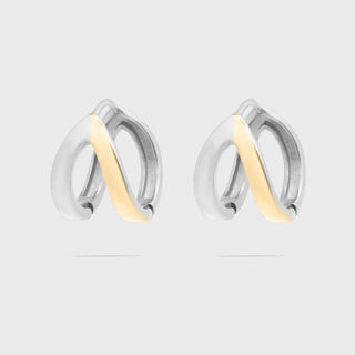 Pair of silver and gold earrings on a light gray background