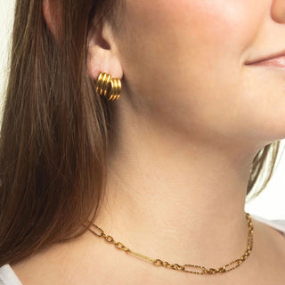 Close-up of a person wearing gold hoop earrings and a gold chain necklace.