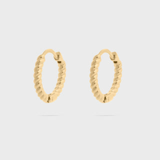 Gold hoop earrings on a light gray background