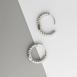 Pair of silver hoop earrings on a gray and white background