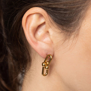 Gold chain earring worn by a person with dark hair.