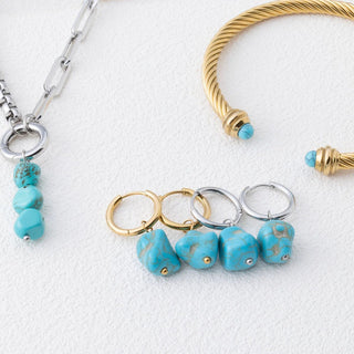 Turquoise Stone Huggie Earrings- collection shot-- gold and silver 