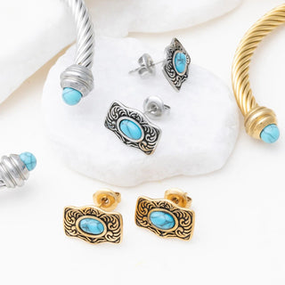 Turquoise Stone Buckle Stud Earrings - Studio