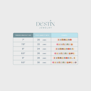 A size chart table for Destiny Jewelry showing finished bracelet sizes from 7" to 9.5" with the number of links needed and example link color combinations, centered on a light gray background.