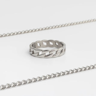 Silver ring with a textured design on a white background