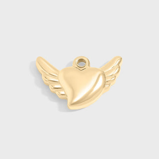 Gold heart-shaped pendant with wings on a light gray background