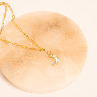 18K Gold PVD Stainless Steel Mother Of Pearl Moon with Stone boarder Charm on Paperclip Necklace