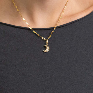 18K Gold PVD Stainless Steel Mother Of Pearl Moon with Stone boarder Charm on Paperclip Necklace