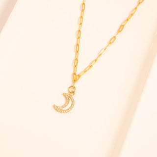 18K Gold PVD Stainless Steel Mother Of Pearl Moon with Stone boarder Charm on Paperclip Necklace