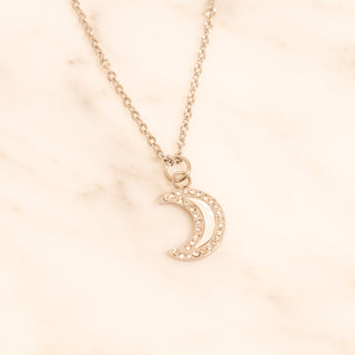 18K Gold PVD Stainless Steel Mother Of Pearl Moon with Stone boarder Charm on Lip Necklace