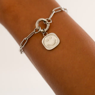 Silver / 18K Gold PVD Stainless Steel Mother Of Pearl Smiley w/Stone boarder Charm