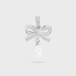 Silver bow-shaped pendant with a pearl on a white background
