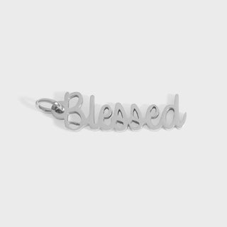 Silver 'Blessed' pendant on a white background