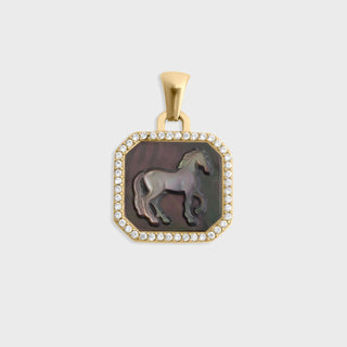 Gold pendant with a horse emblem and diamond accents on a light gray background