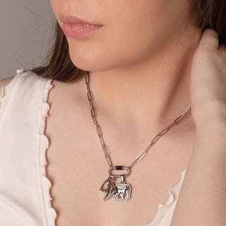 Necklace with charms worn by a person, focusing on the necklace.