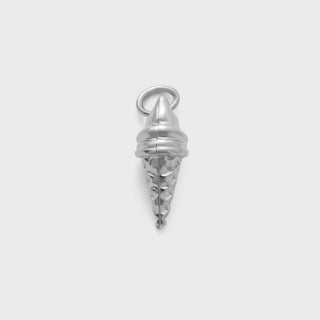 Silver ice cream cone-shaped pendant on a light gray background