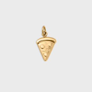 Gold pizza slice pendant on a light gray background