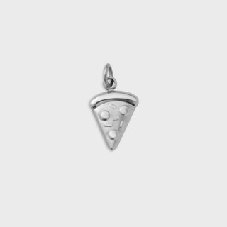 Silver pizza slice pendant on a light gray background