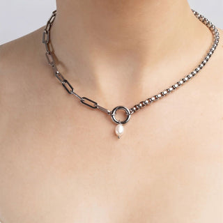 Necklace with a pearl pendant on a neck against a white background