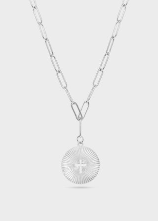 Sunburst Cross Paperclip Charm Necklace