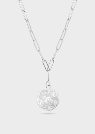 Sunburst CZ Medallion Paperclip Charm Necklace